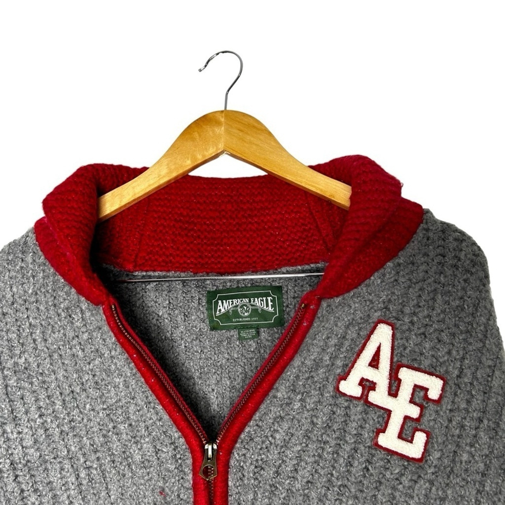 American Eagle Grey Patchwork Varsity Preppy Zip … - image 7
